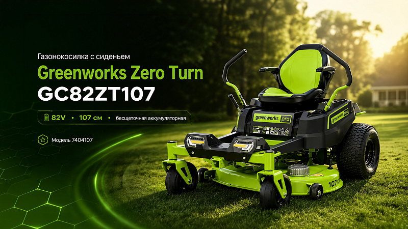 Газонокосилка с сиденьем Greenworks Zero Turn CrossoverT GC82ZT107 82V 7404107 (107 см) бесщеточная аккумуляторная